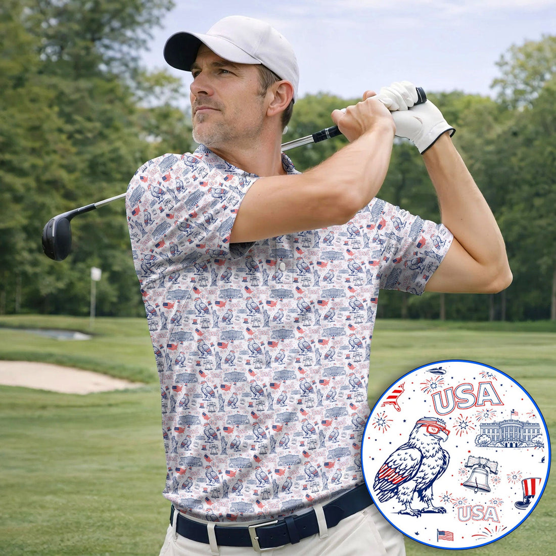 America 250th Patriotic Golf Polos, USA Eagle Pattern Golf Shirt For Golfer, Crazy Golf Shirt