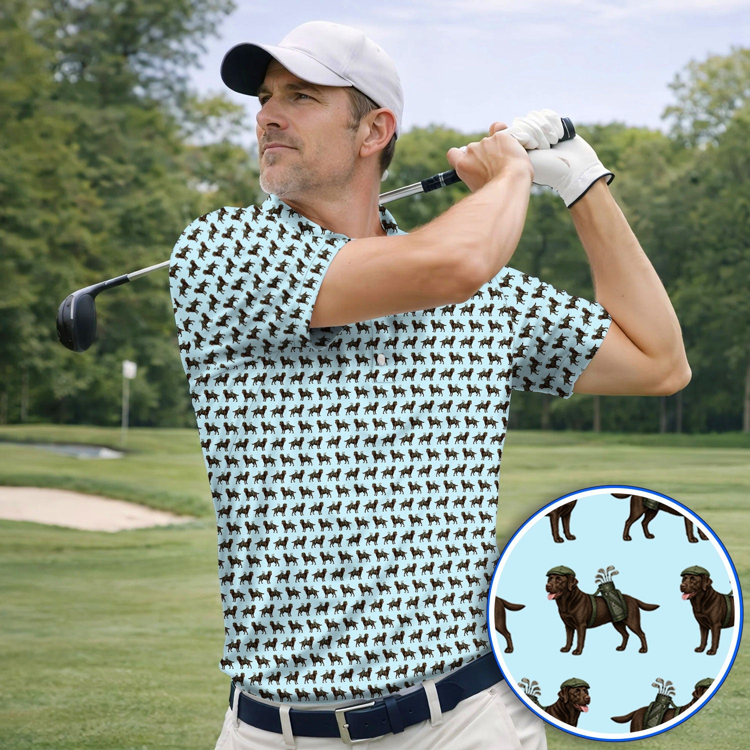 Funny Chocolate Labrador Pattern Golf Shirt, Chocolate Lab In Golf Hat Polos, Unique Dog Lover Gift For Golfer