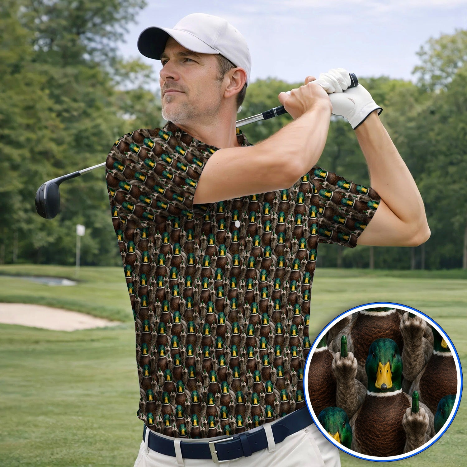 Funny Mallard Duck Pattern Polos, Rebel Duck Hunting Golf Shirt, Golf Gift For Golfer