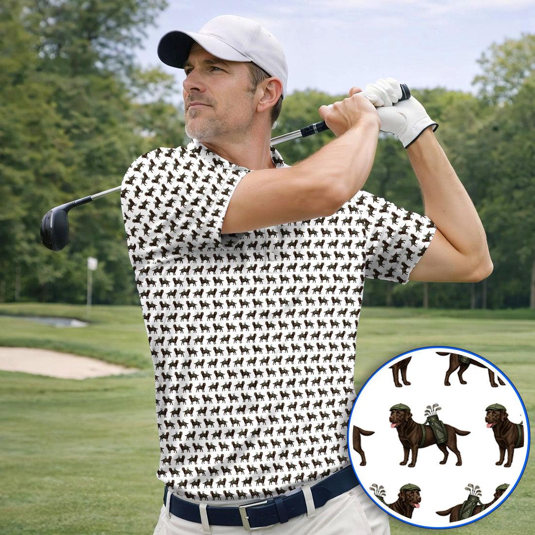 Funny Chocolate Labrador Pattern Golf Shirt, Chocolate Lab In Golf Hat Polos, Unique Dog Lover Gift For Golfer