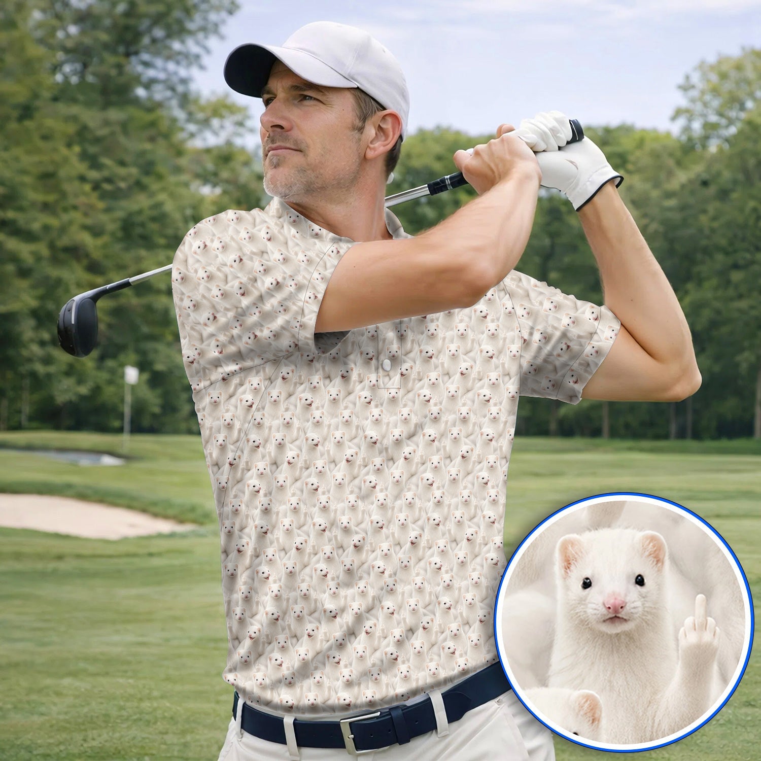 White Ferret Pattern Golf Polos, Funny Ferret Golf Shirt, Golf Gift For Golfer