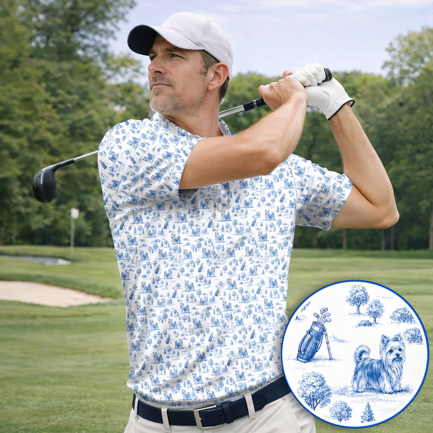 Yorkshire Terrier Toile De Jouy Golf Polos, Yorkie Pattern Golf Shirt, Golf Gift For Golfer