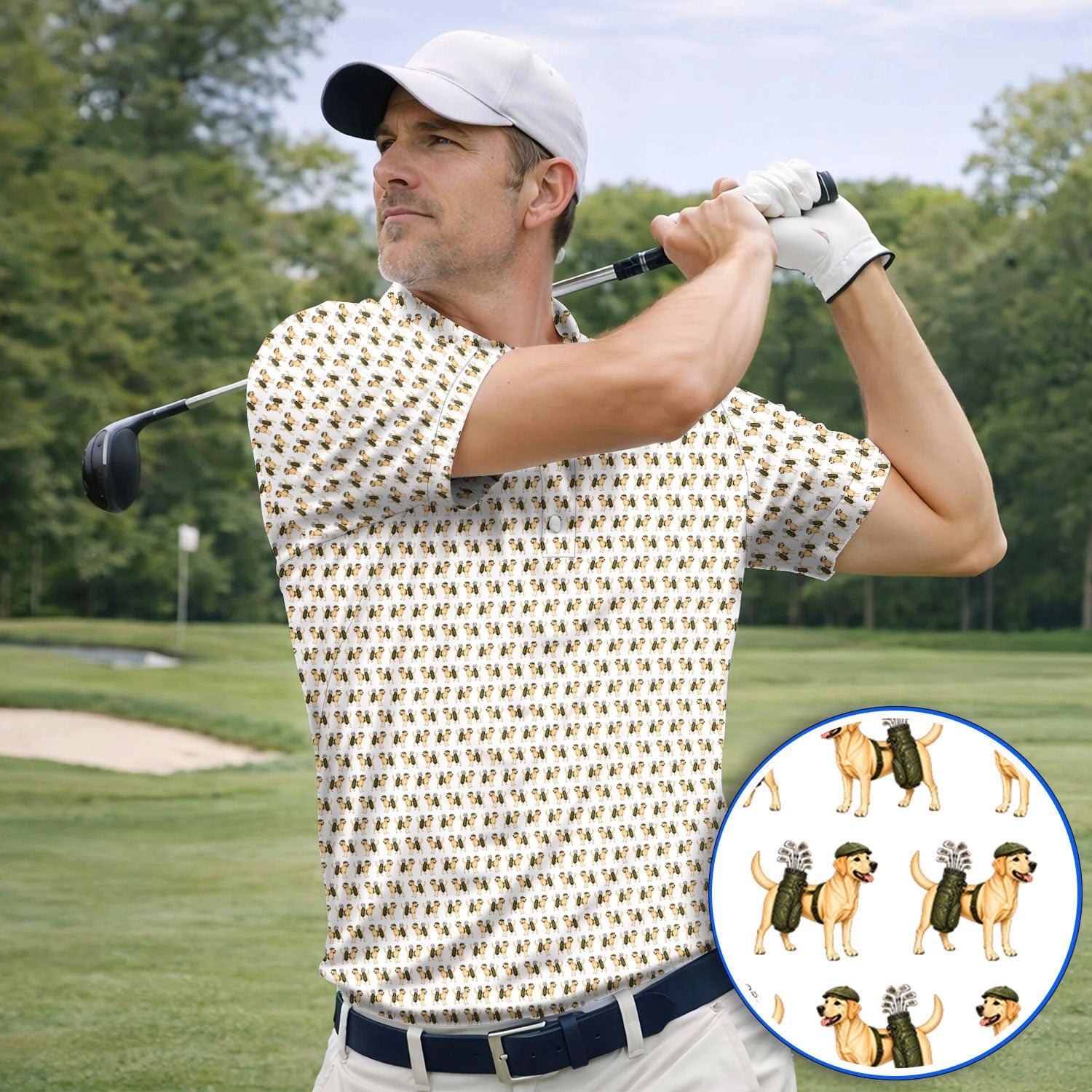 Funny Labrador Retriever Pattern Golf Shirt, Cute Yellow Lab Golf Polos For Pet Lover, Unique Golf Gift For Golfer