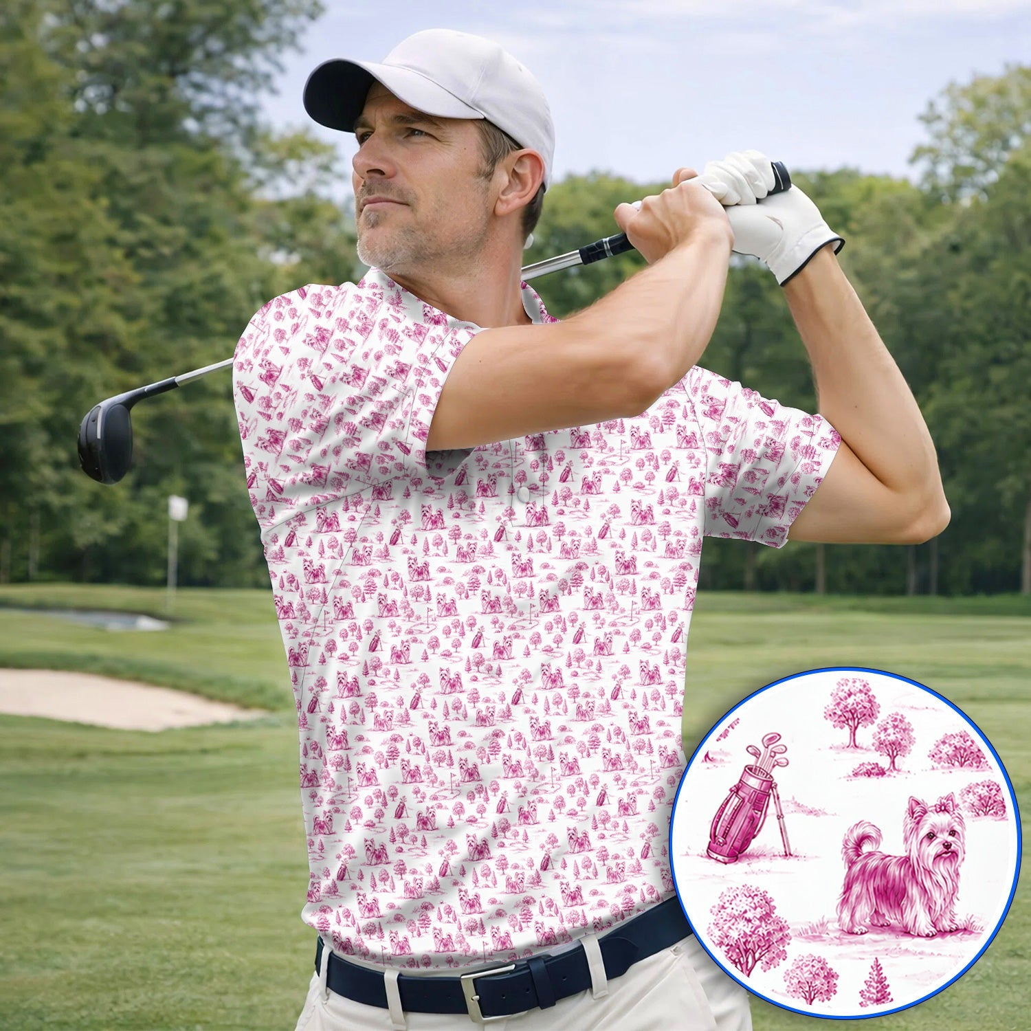 Yorkshire Terrier Toile De Jouy Golf Polos, Yorkie Pattern Golf Shirt, Golf Gift For Golfer