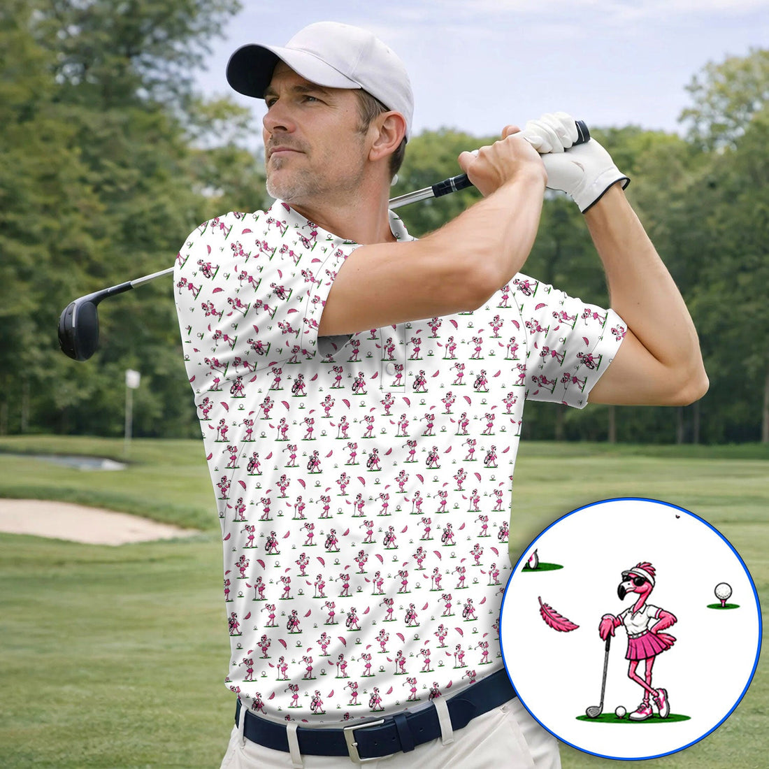 Funny Flamingo Pattern Golf Shirt, Pink Flamingo Golf Polos For Bird Lover, Unique Golf Gift For Golfer