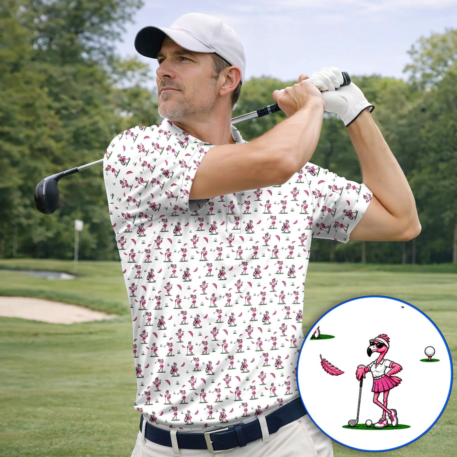 Funny Flamingo Pattern Golf Shirt, Pink Flamingo Golf Polos For Bird Lover, Unique Golf Gift For Golfer