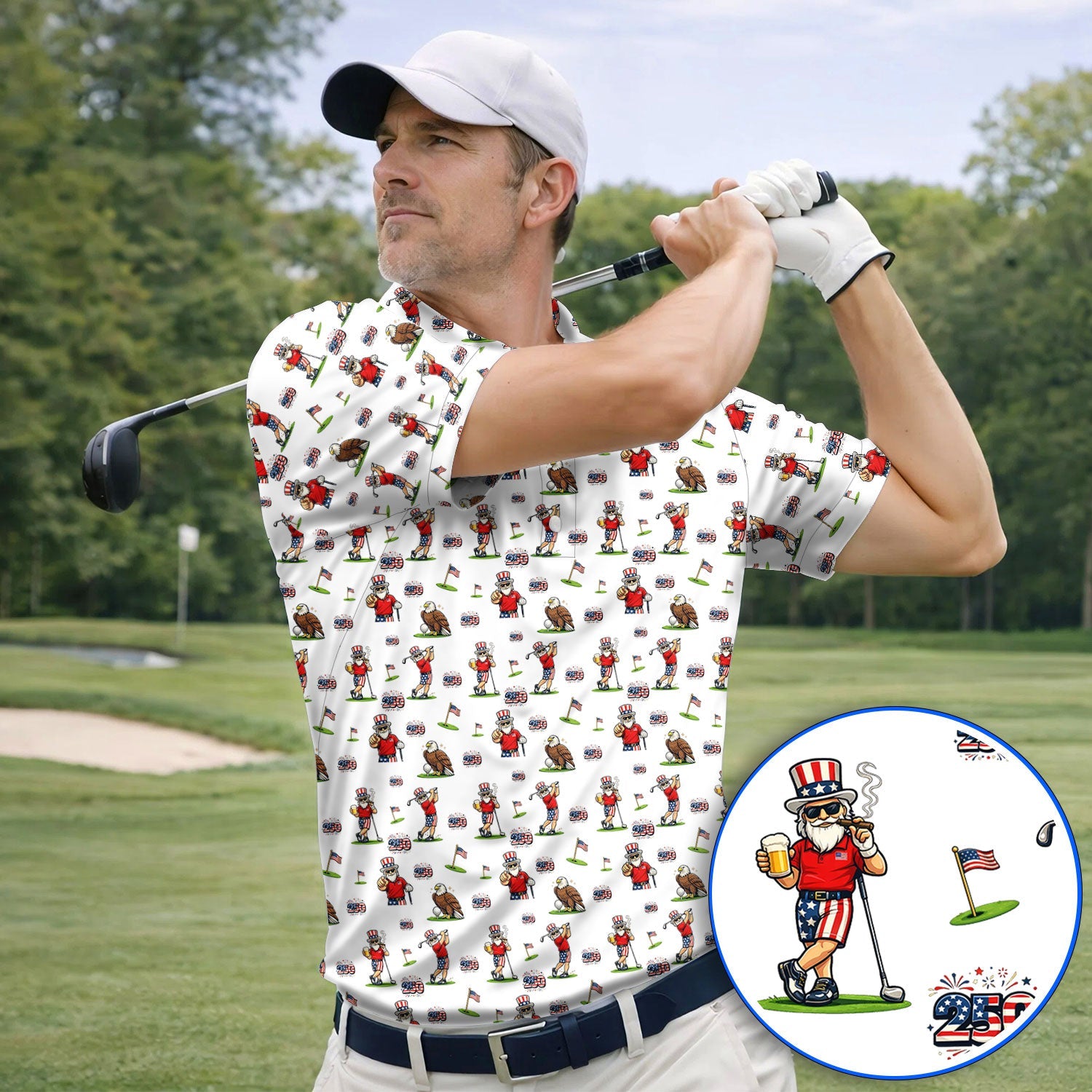 Funny USA Patriotic Golf Polos, USA Patriotic 250th Anniversary Pattern Golf Shirt, Golf Gift For Golfer