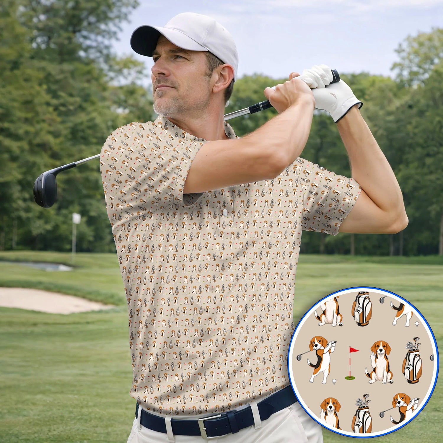 Beagle Golf Pattern Golf Polos, Hunting Dog Golf Shirt, Funny Golf Gift For Golfer