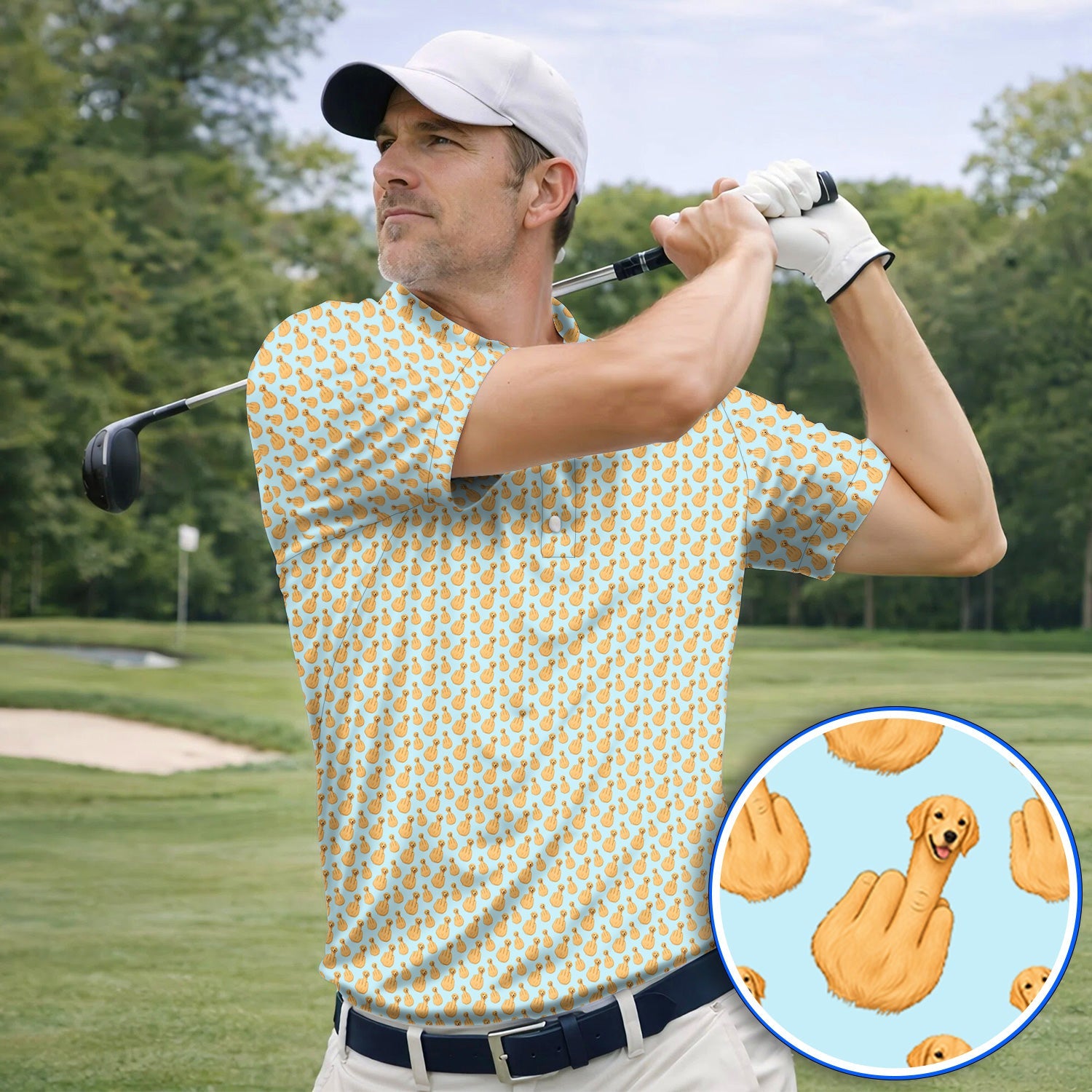 Golden Retriever Middle Finger Golf Shirt, Funny Dog Pattern Golf Polos, Crazy Golf Gift For Golfer