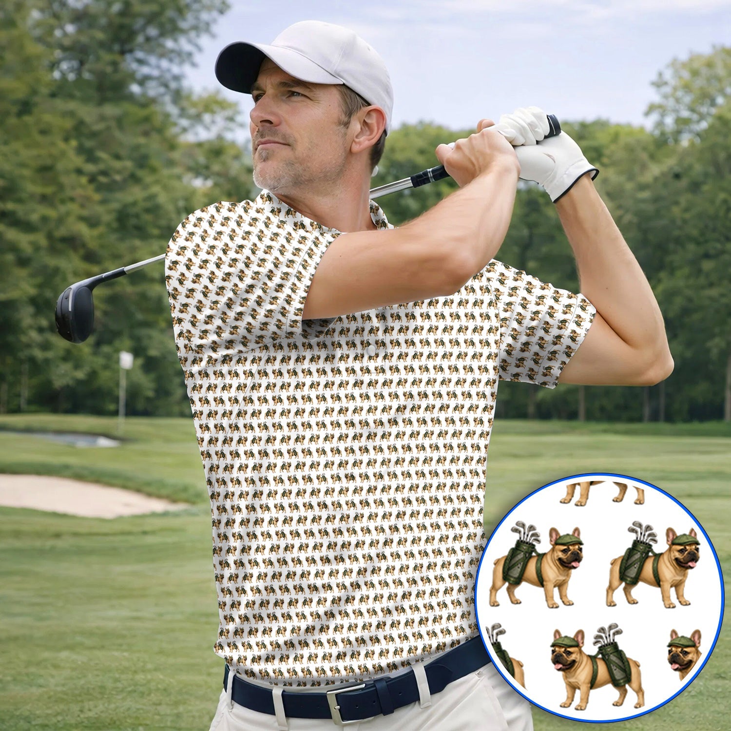 French Bulldog Pattern Golf Polos, Funny Frenchie Dog Shirt, Golf Gift For Golfer
