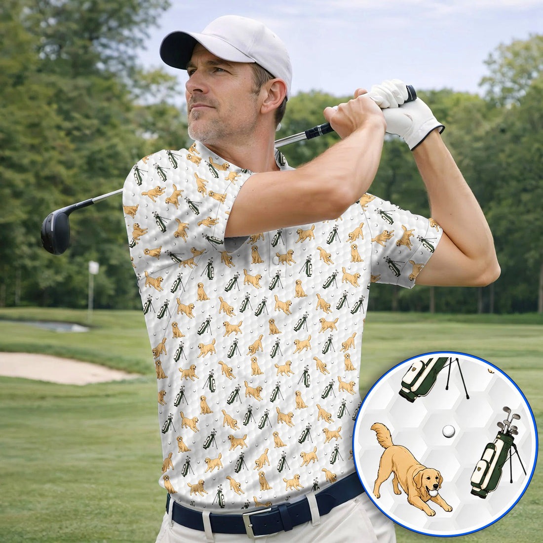 Funny Golden Retriever Pattern Golf Sh?t, Golden Retriever Golf Shirt For Golfer, Dad Golf Gift