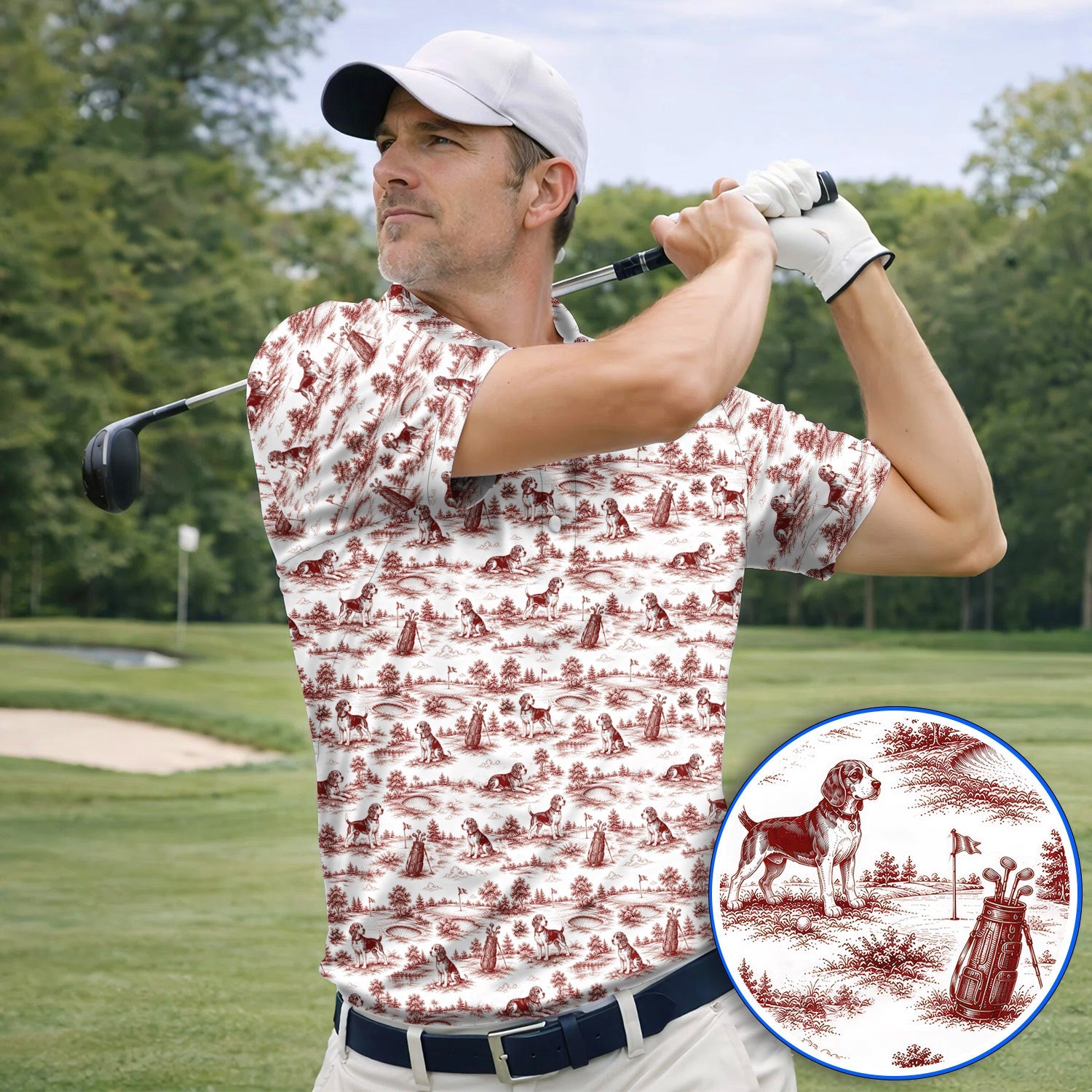 Beagle Toile De Jouy Golf Shirt, Vintage Dog Pattern Golf Polos, Beagle Lover Golf Gift