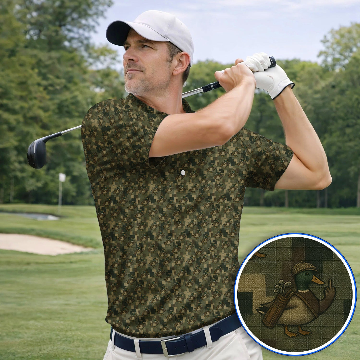 Duck Hunter Golf Shirt, Funny Mallard Camo Pattern Polos, Unique Gift For Hunting & Golf Lovers