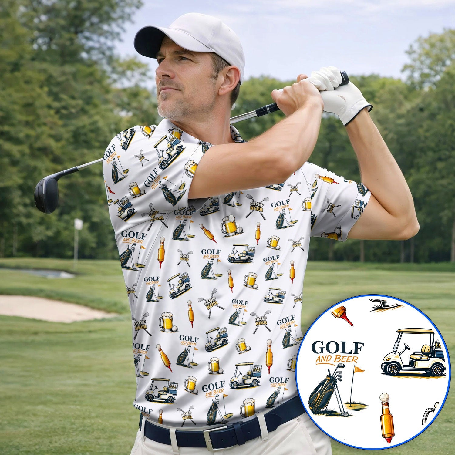 Golf And Beer Pattern Polos For Men, Funny Golf Shirt, Golf Gift For Beer Lover