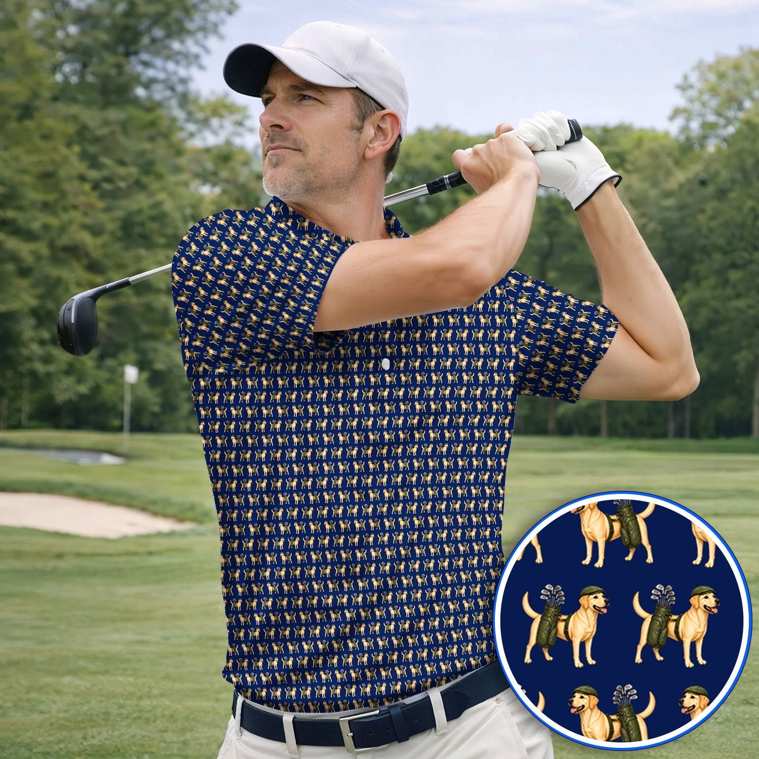 Funny Labrador Retriever Pattern Golf Shirt, Cute Yellow Lab Golf Polos For Pet Lover, Unique Golf Gift For Golfer