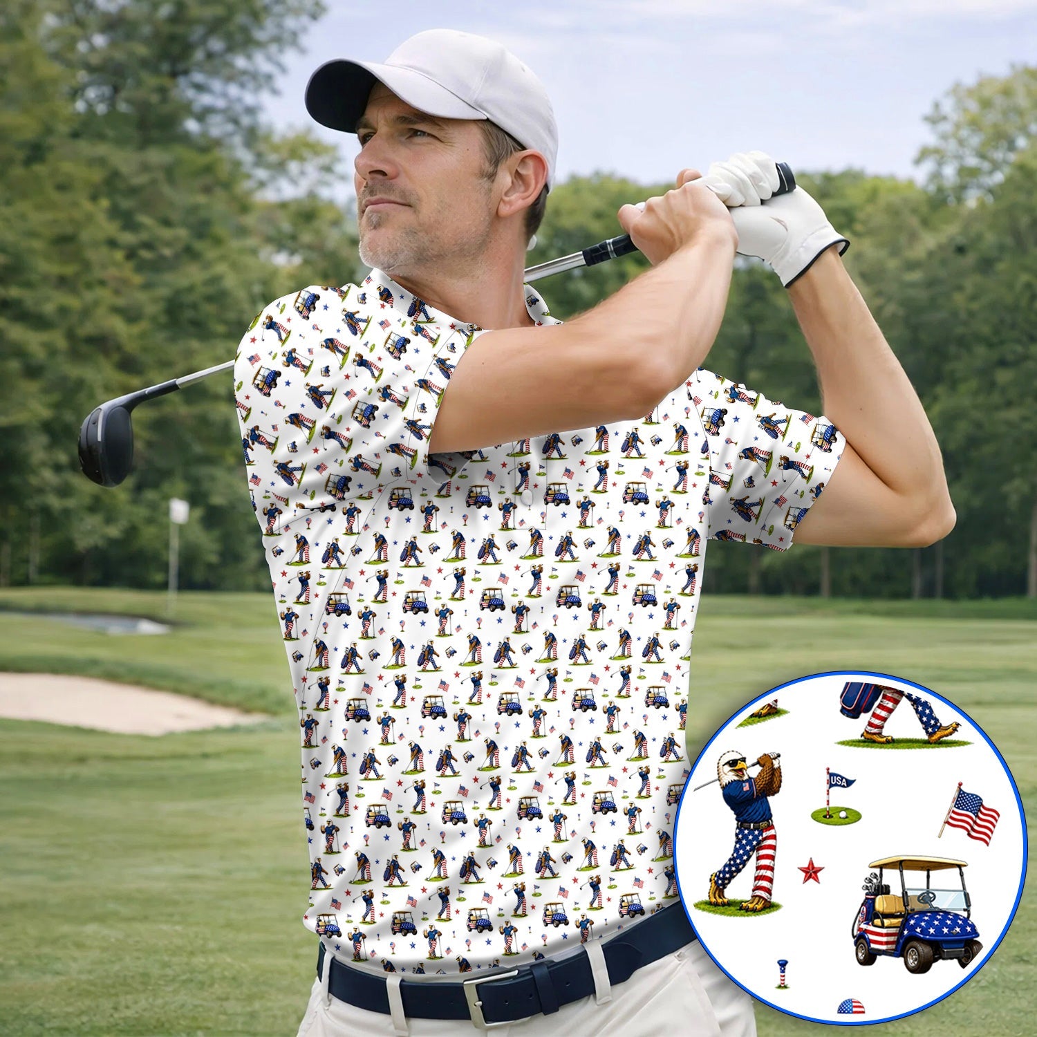 Patriotic Eagle Golf Polos, USA Flag Pattern Golf Shirt, Funny Golf Gift For Golfer
