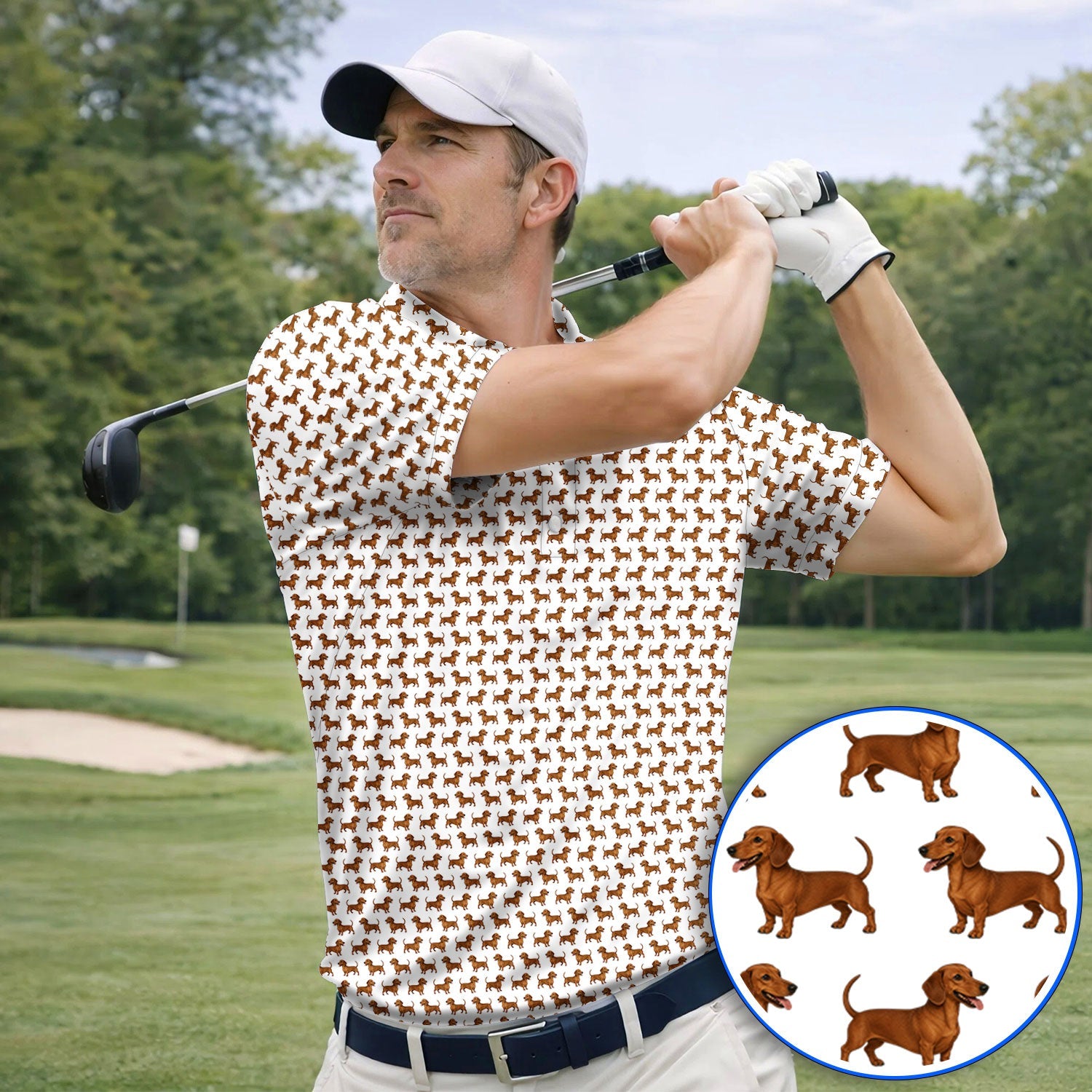 Funny Dachshund Pattern Golf Shirt, Cute Wiener Dog Golf Polos For Pet Lover, Golf Gift For Golfer