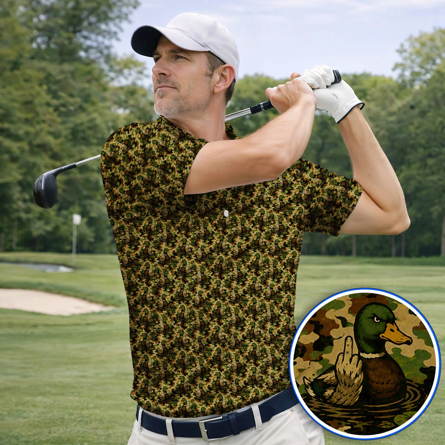 Funny Mallard Duck Golf Polos, Camo Duck Pattern Shirt, Hunting Gift For Golf Lovers