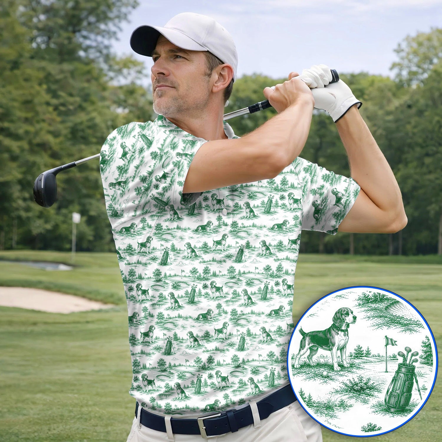 Beagle Toile De Jouy Golf Shirt, Vintage Dog Pattern Golf Polos, Beagle Lover Golf Gift