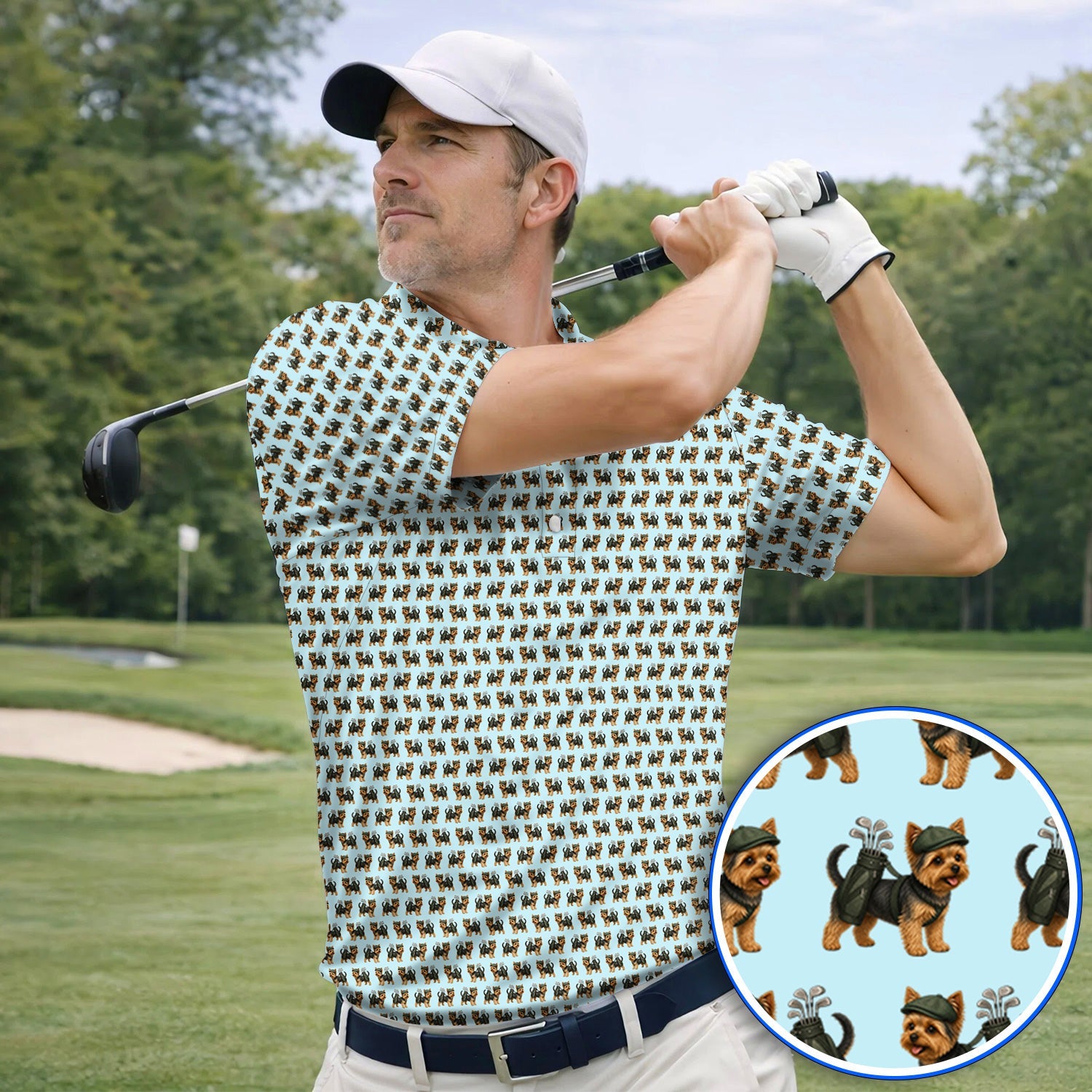 Yorkie Golf Pattern Golf Polos, Yorkshire Terrier Golf Shirt, Golf Gift For Golfer