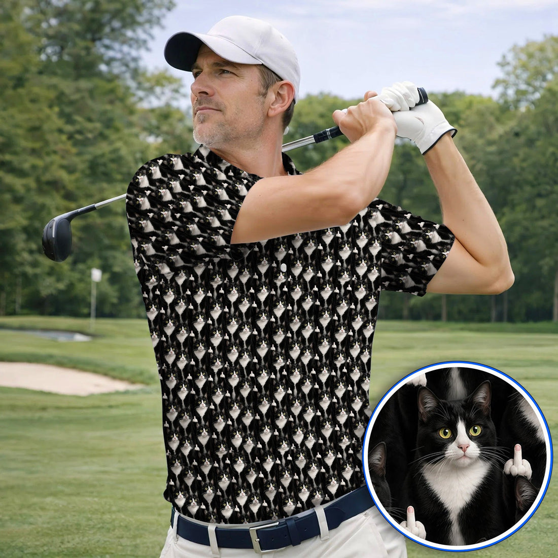 Funny Tuxedo Cat Golf Polos, Black White Cat Pattern Golf Shirt, Crazy Cat Dad Golf Apparel