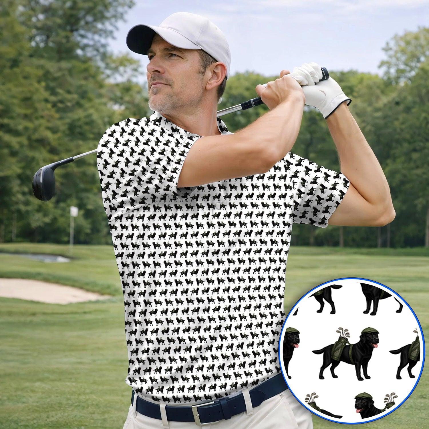 Black Lab Pattern Golf Polos, Crazy Labrador Golf Shirt, Golf Gift For Golfer