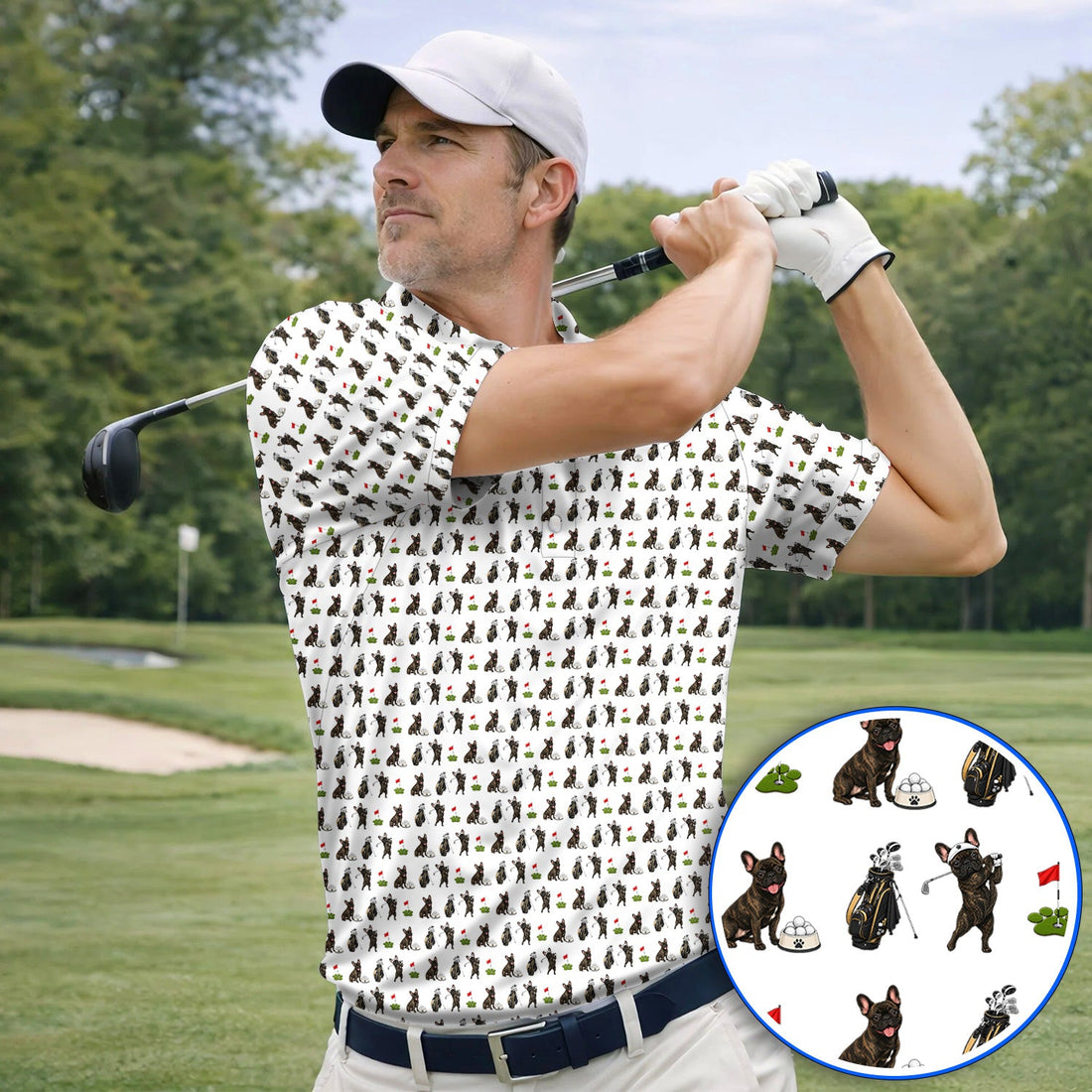 Brindle French Bulldog Golf Polos, Funny Frenchie Pattern Golf Shirt, Golf Dad Gift