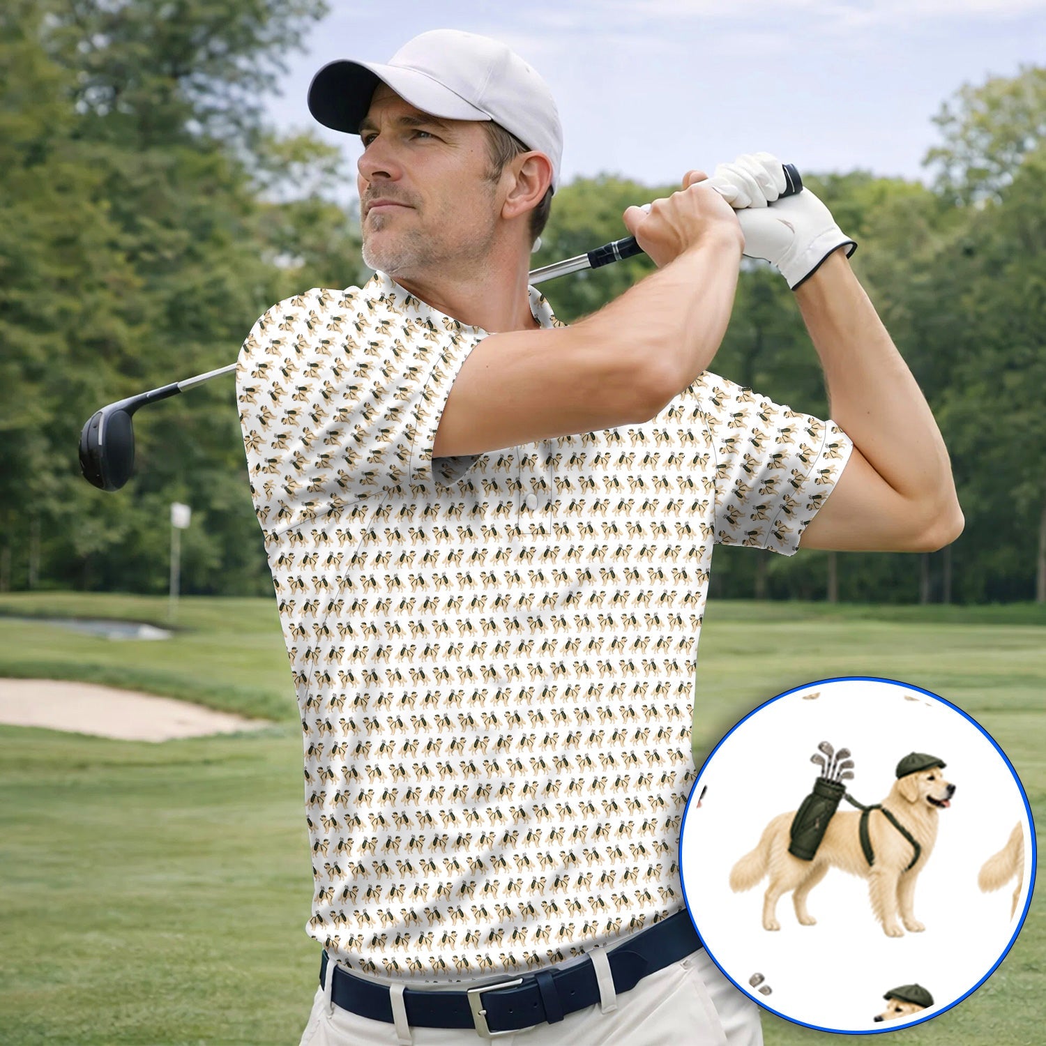 Golden Retriever Golf Shirt, Funny Pattern Golf Polos, Golden Retriever Dad Gift