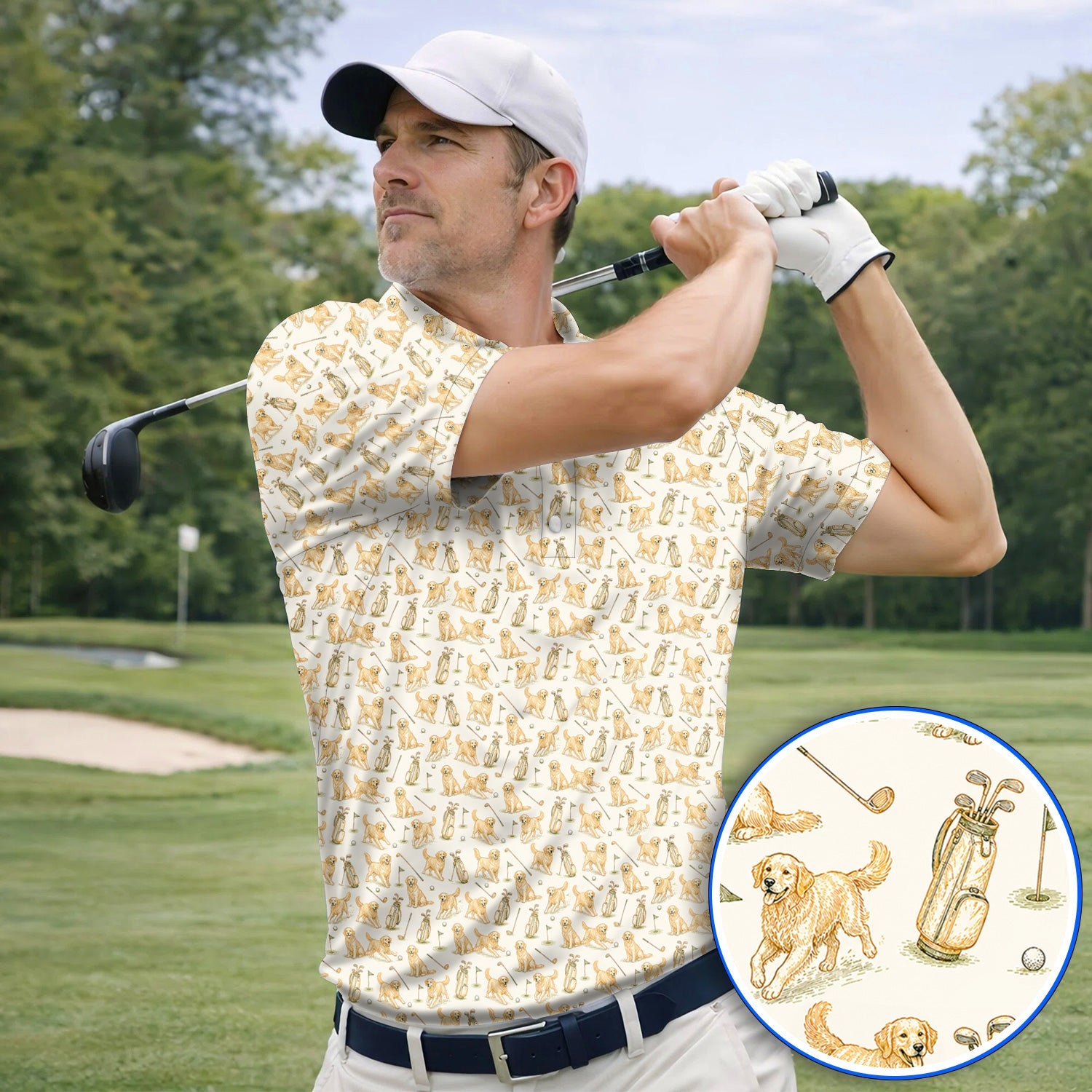 Vintage Golden Retriever Pattern Golf Shirt, Golden Retriever Golf Polos, Perfect Gift For Golf Lovers