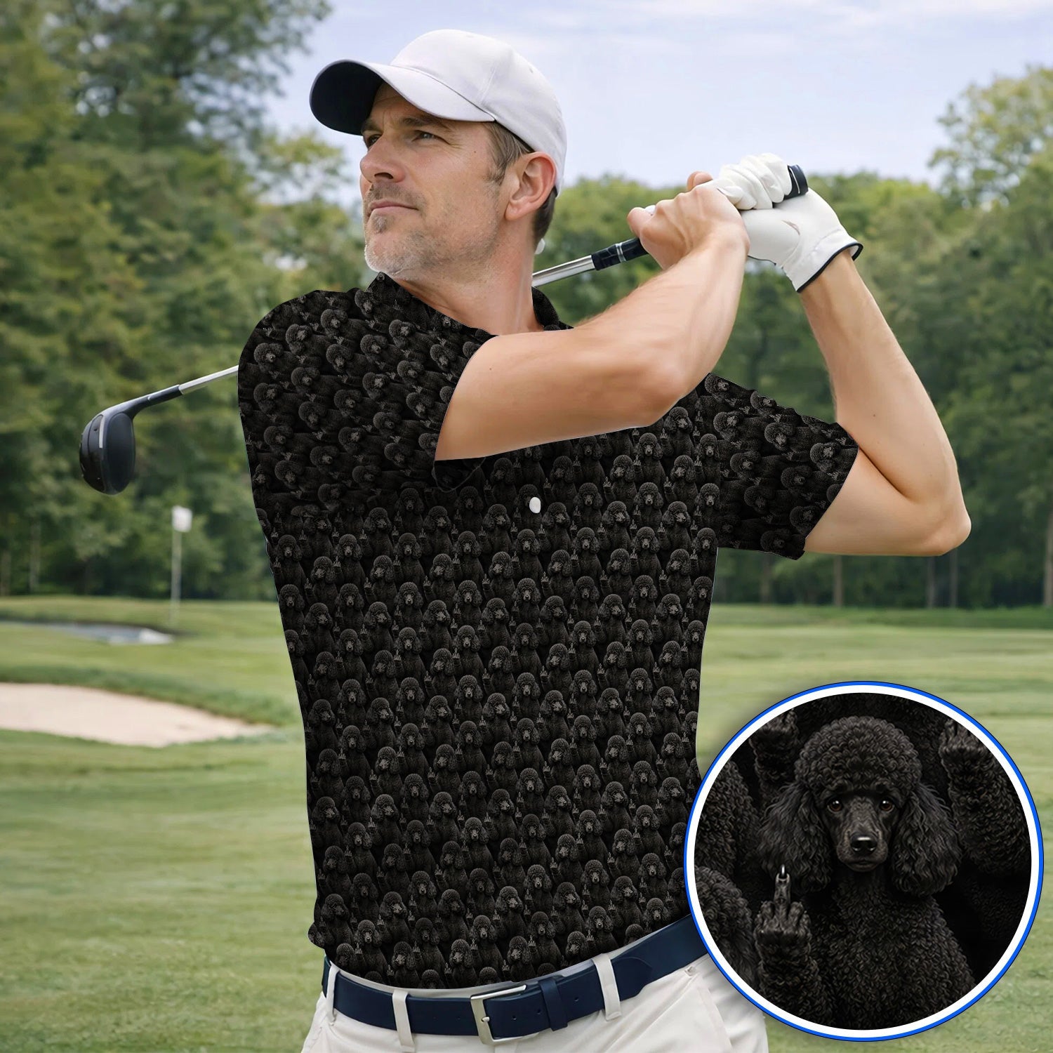 Black Poodle Pattern Golf Polos , Crazy Poodle Golf Shirt, Golf Gift For Golfer