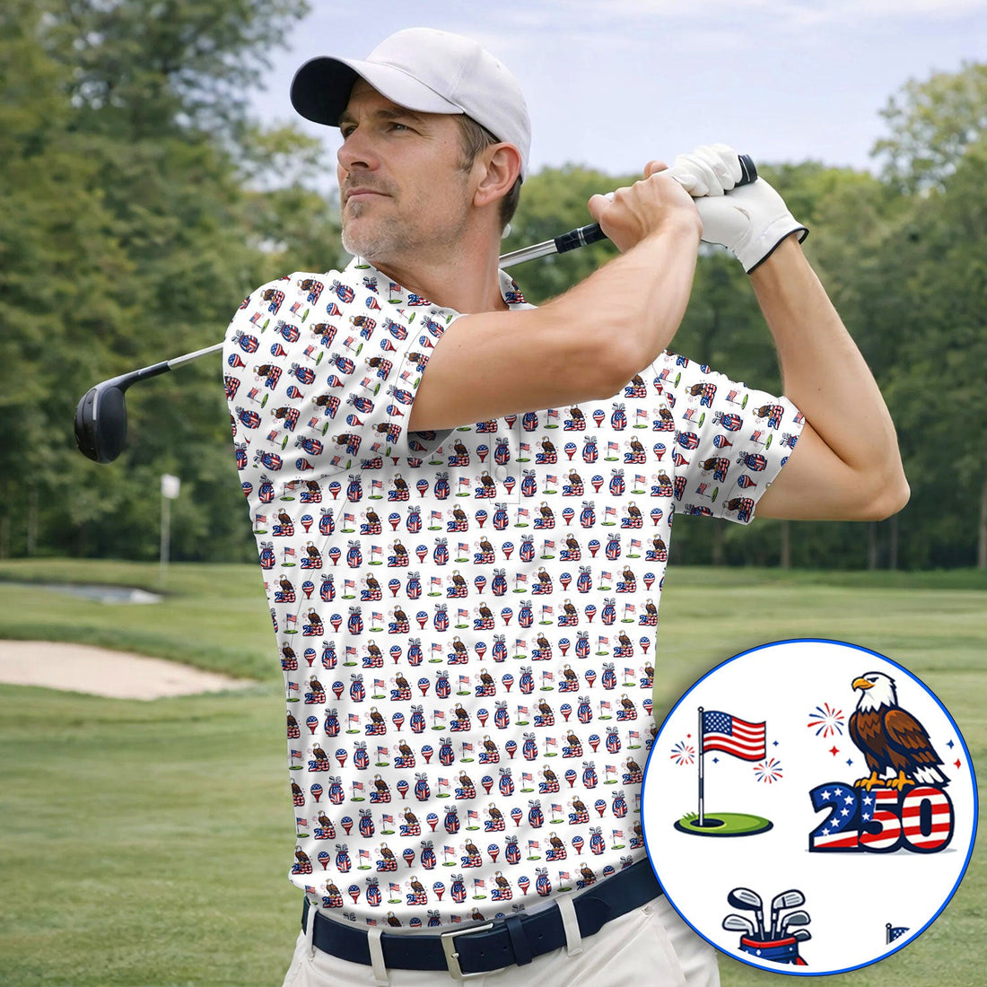 American Freedom Pattern Golf Shirt, USA 250 Eagle & Flag Pattern Golf Polos, Crazy Golf Gift For Golfer