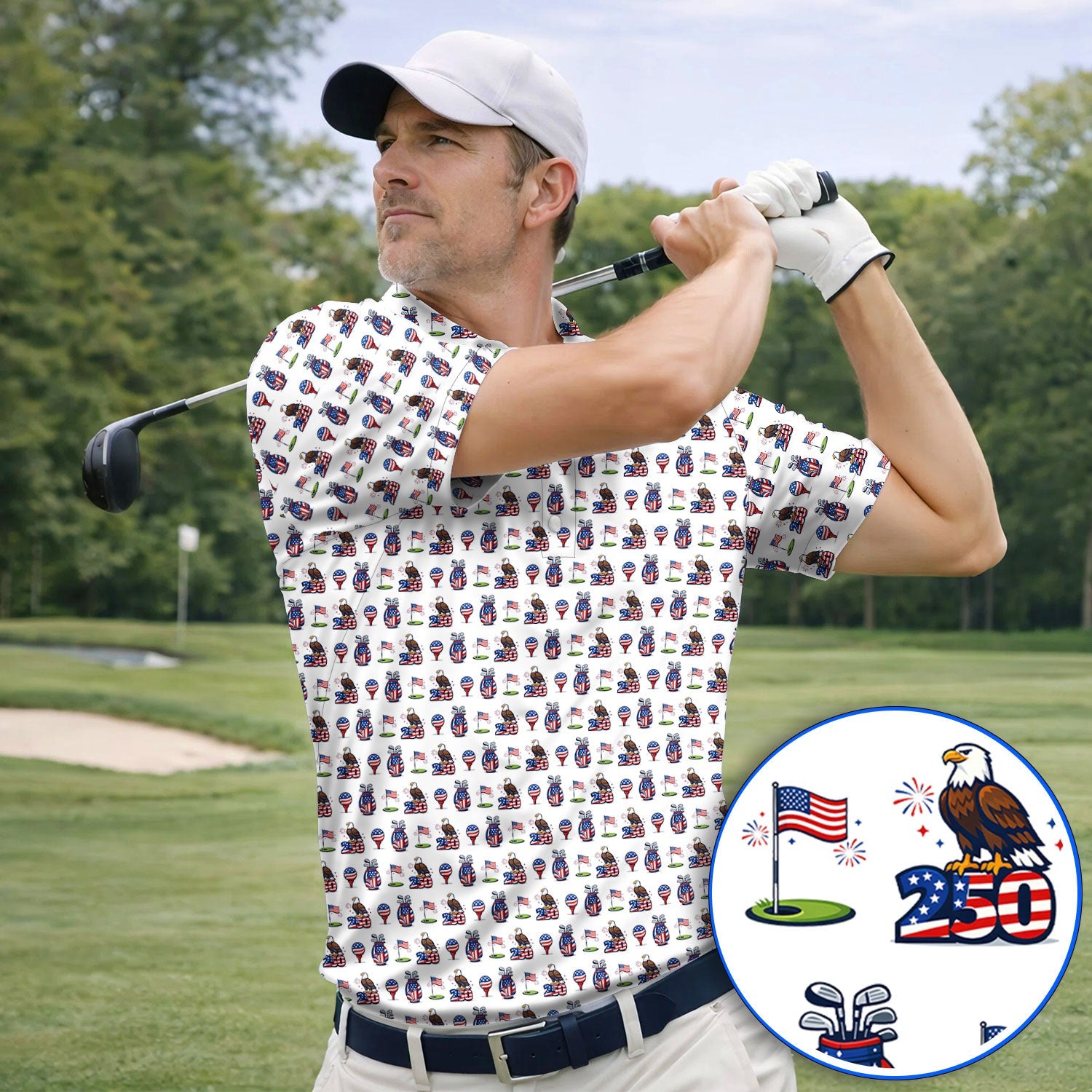 American Freedom Pattern Golf Shirt, USA 250 Eagle & Flag Pattern Golf Polos, Crazy Golf Gift For Golfer