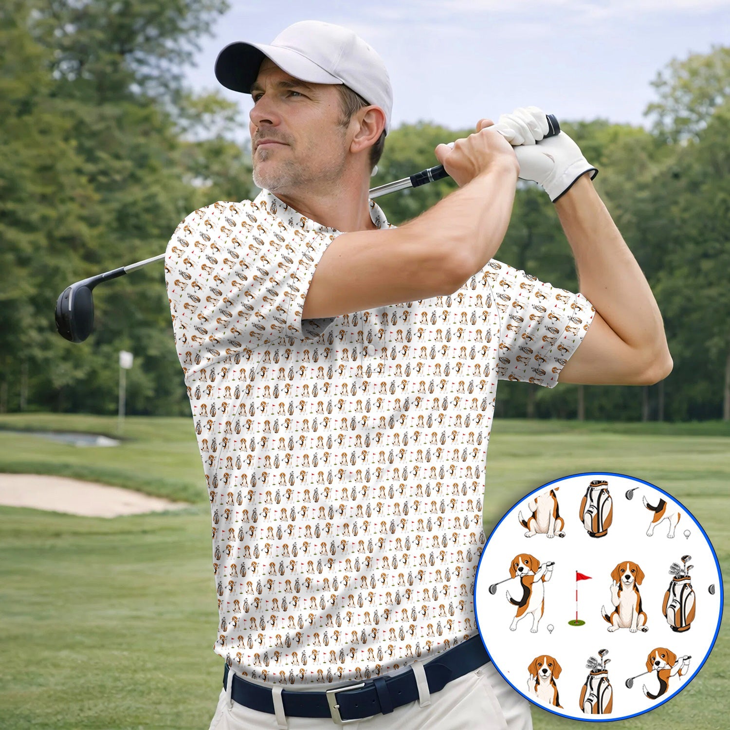 Beagle Golf Pattern Golf Polos, Hunting Dog Golf Shirt, Funny Golf Gift For Golfer