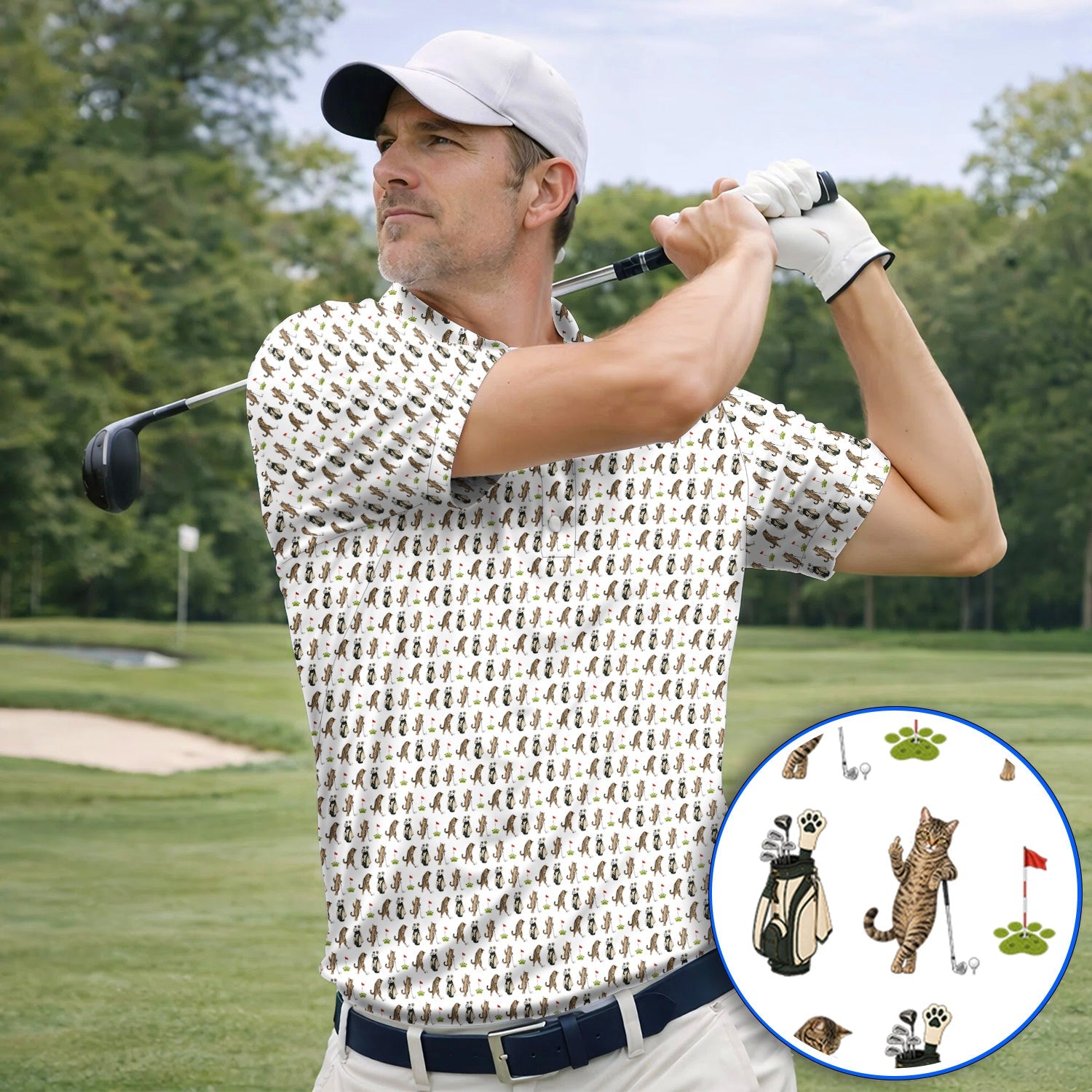 Funny Cat Golf Polos, Cats Pattern Golf Shirt, Cat Lover Golf Gift