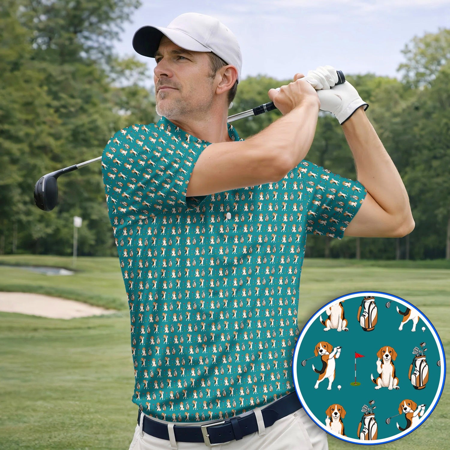 Beagle Golf Pattern Golf Polos, Hunting Dog Golf Shirt, Funny Golf Gift For Golfer