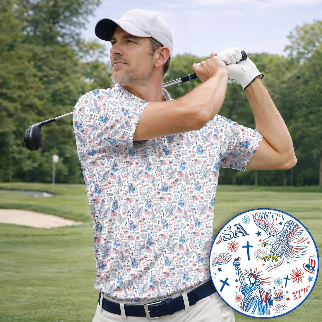 USA 1776–2026 Pattern Golf Polos, Eagle & Liberty Golf Shirt For Golfer, 4th of July Golf Shirts