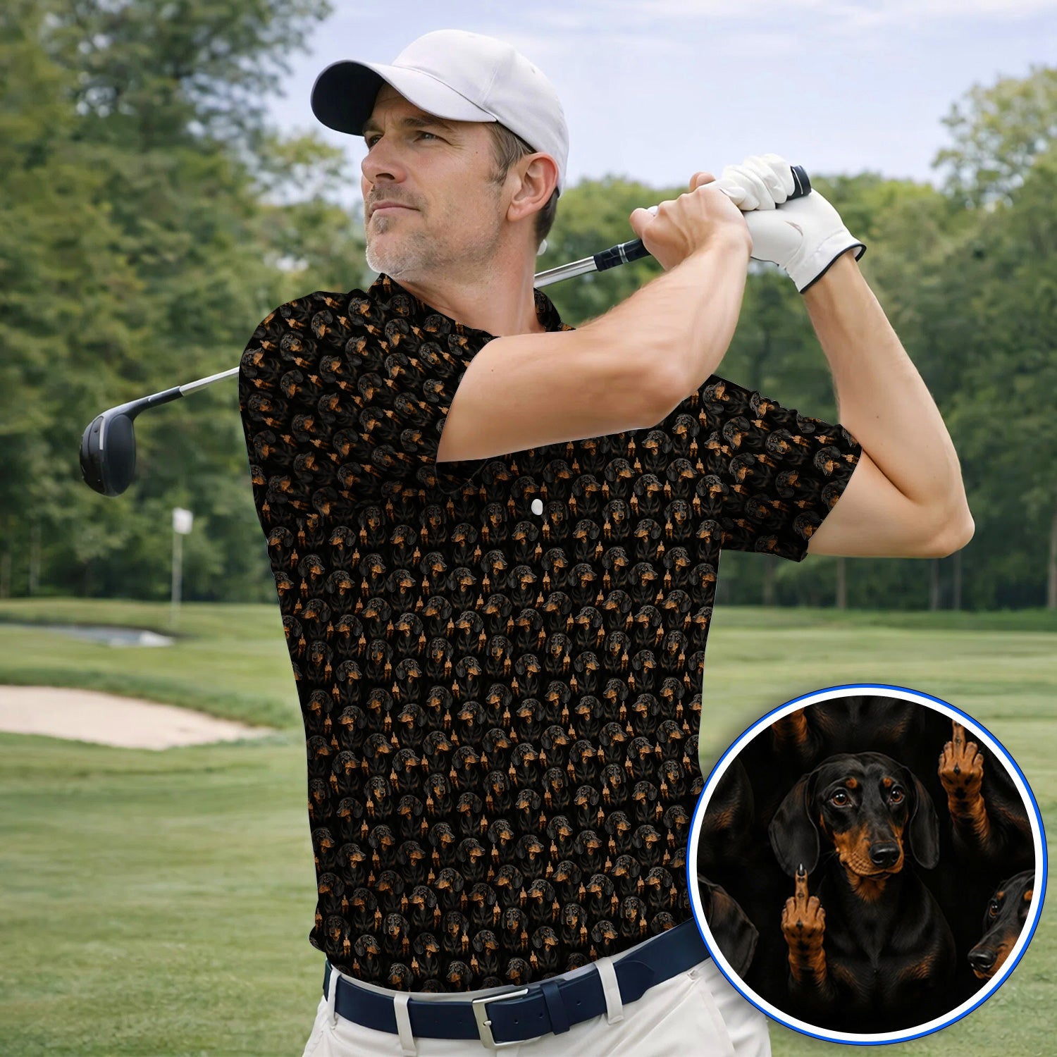 Funny Dachshund Golf Polos, Wiener Dog Pattern Golf Shirt, Crazy Dog Dad Golf Apparel