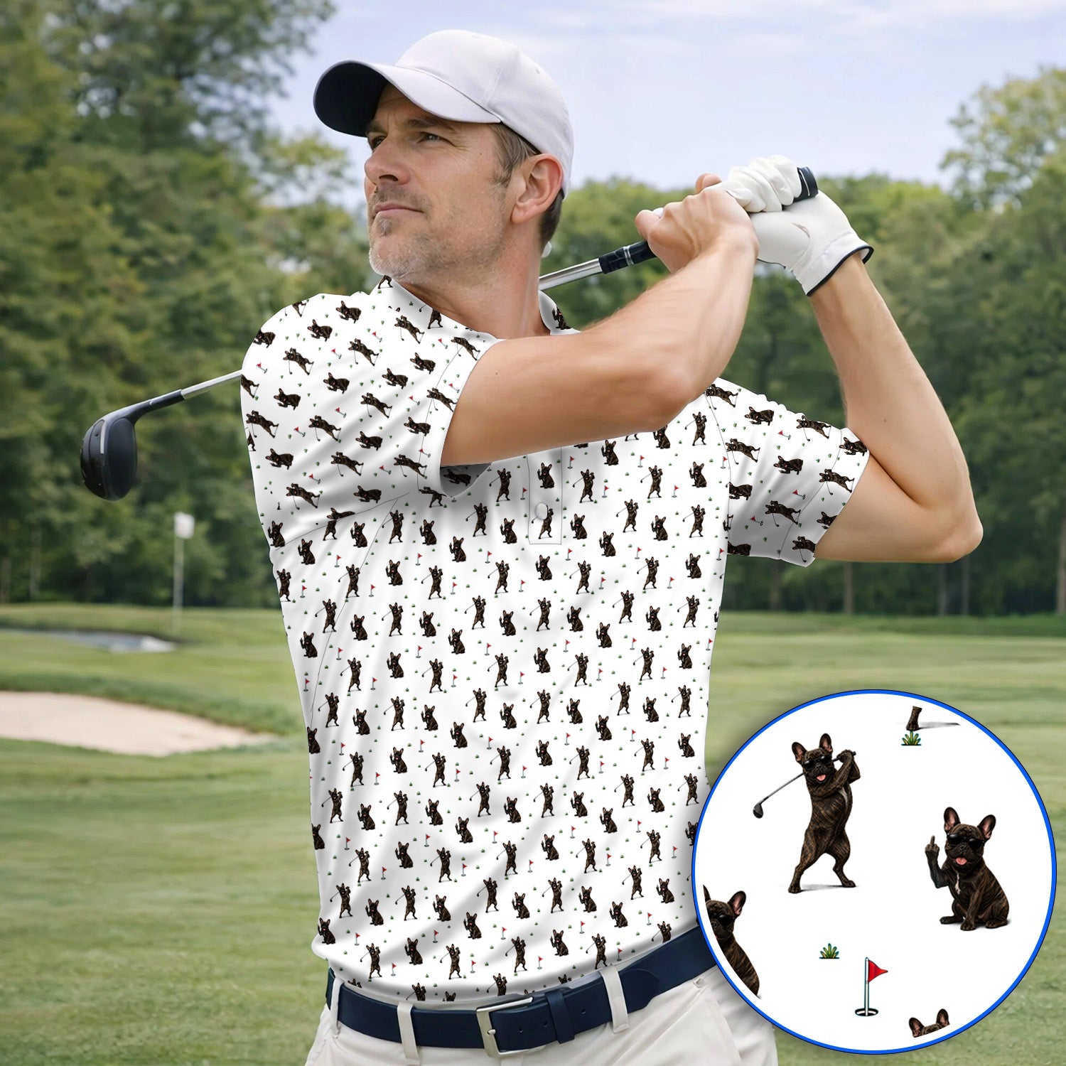 Frenchie Golf Shirt, French Bulldog Pattern Polos, Funny Golf Gift For Golfer