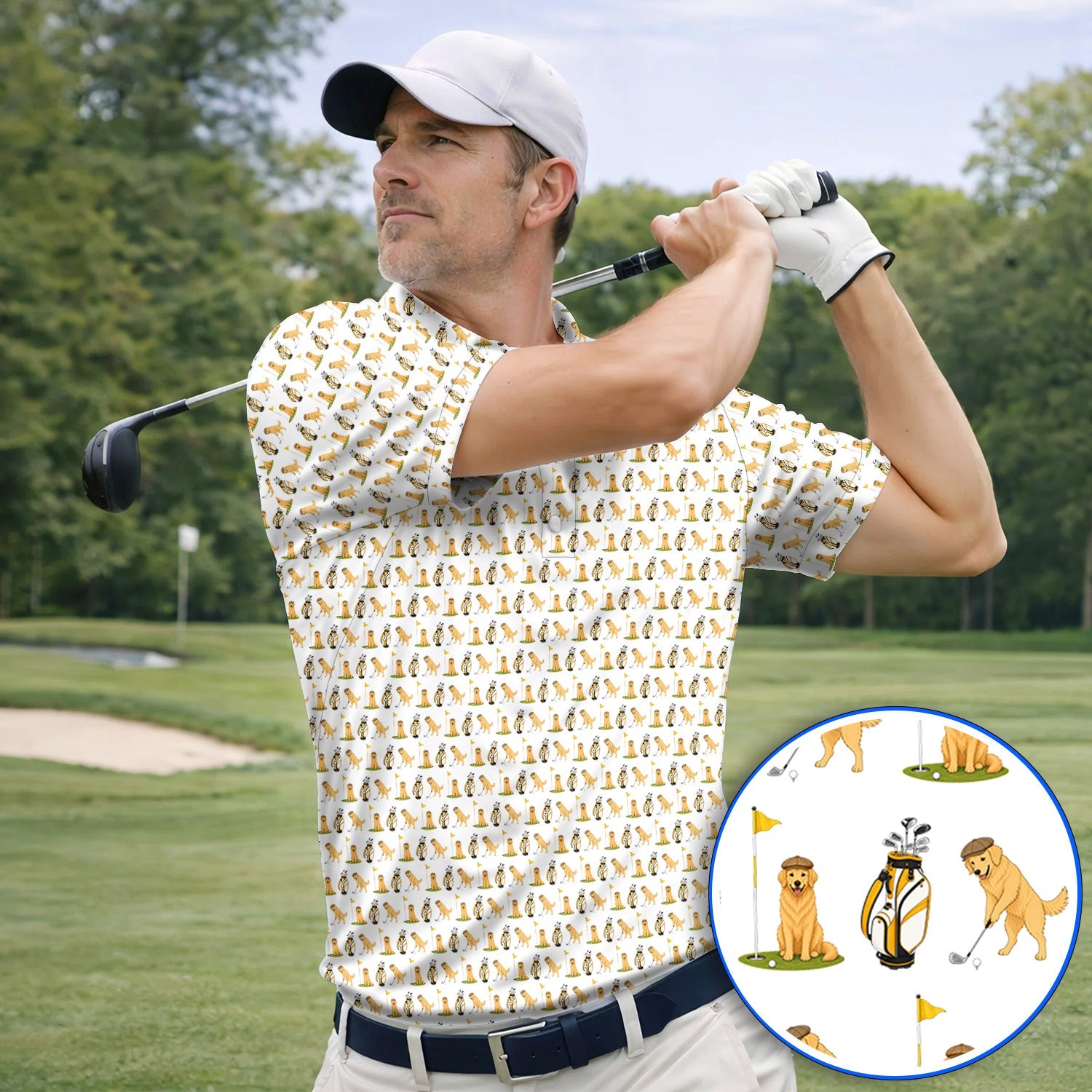 Golden Retriever Pattern Golf Polos, Funny Dog Golf Shirt, Crazy Golf Gift For Golfer