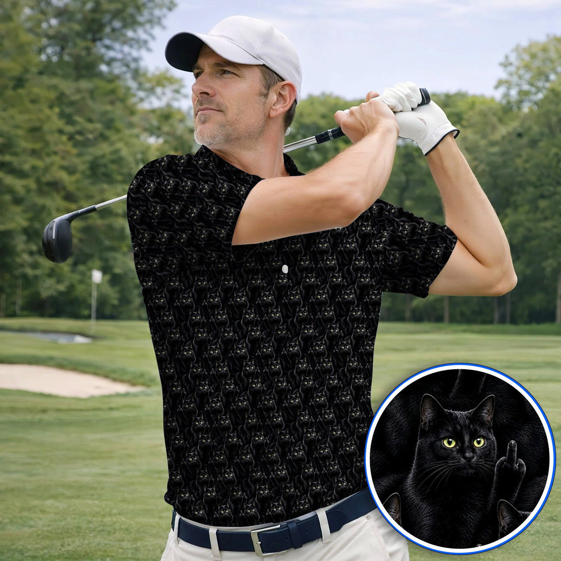 Black Cat Pattern Golf Polos, Funny Cat Lover Golf Shirt, Golf Gift For Golfer