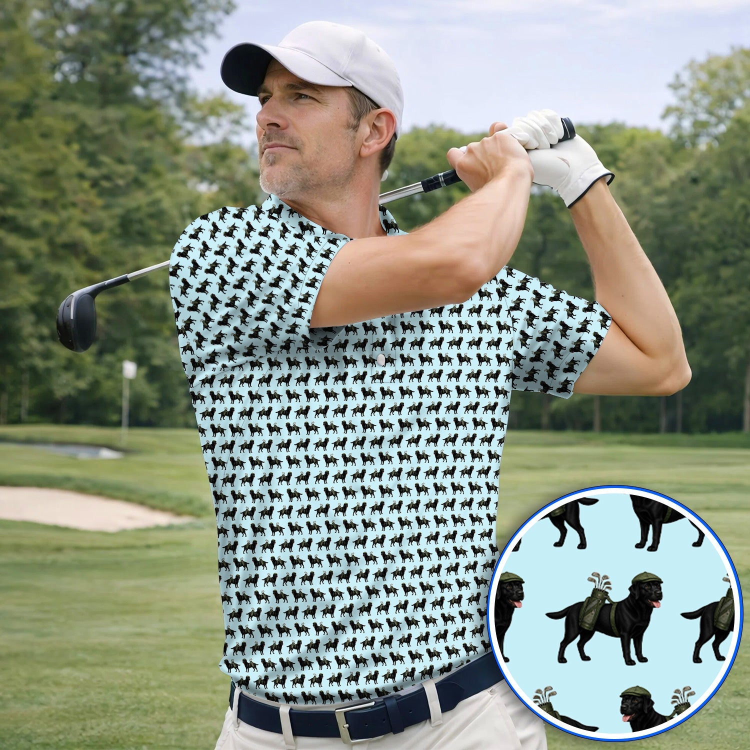 Black Lab Pattern Golf Polos, Crazy Labrador Golf Shirt, Golf Gift For Golfer