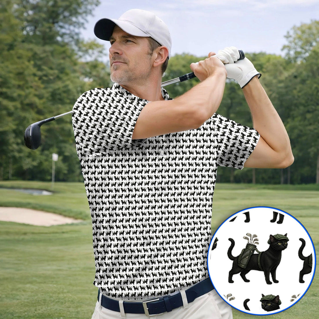 Cat Pattern Golf Shirt, Funny Pet Lover Golf Polos, Crazy Golf Gift For Golfer