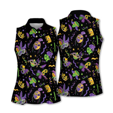 Mardi Gras Golf Sleeveless Polo Shirts Womens, Mardi Gras Black Golf Shirt, Ladies Golf Shirt