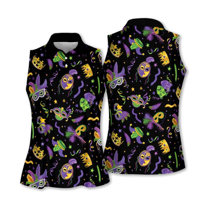 Mardi Gras Golf Sleeveless Polo Shirts Womens, Mardi Gras Black Golf Shirt, Ladies Golf Shirt