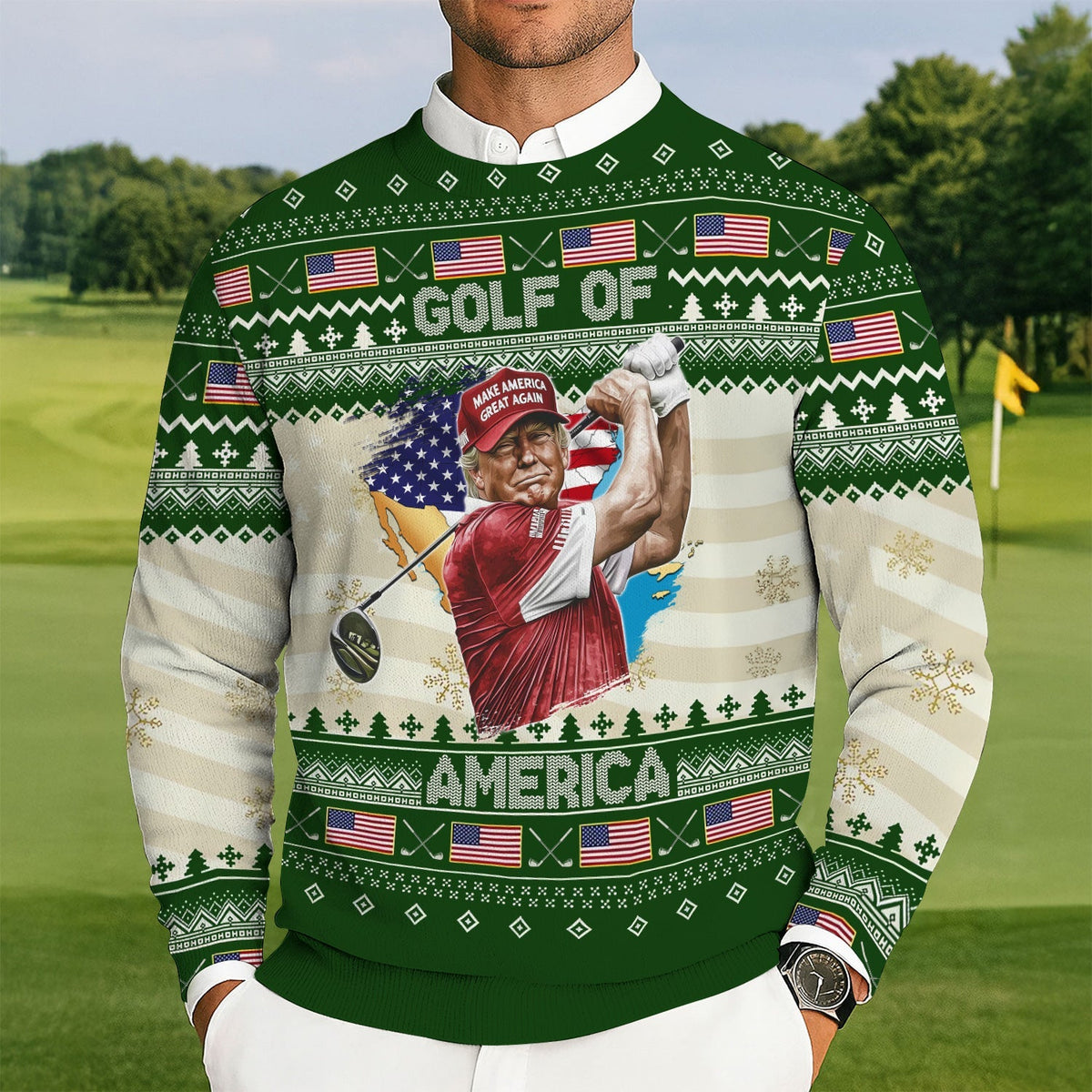 Trump Golf Of America Christmas Golf Shirt. Golf Ugly Sweater, Golf Sweater, Christmas Golf Gift