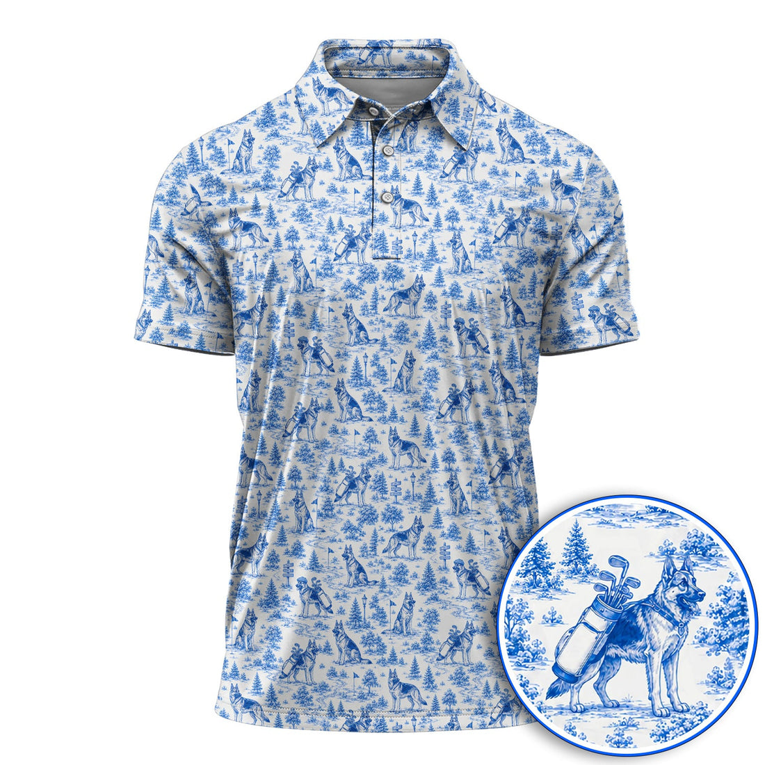 Toile De Jouy German Shepherd Golf Polos, German Shepherd Pattern Golf Shirt, Dog Dad Golf Gift