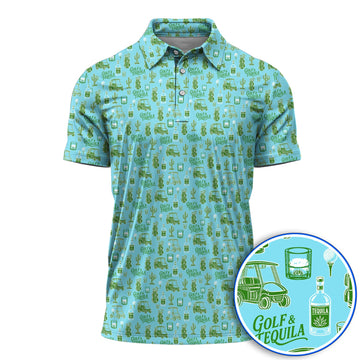 Golf & Tequila Pattern Golf Polos, Funny Golf Shirt For Tequila Lover, Golf Gift For Golfer