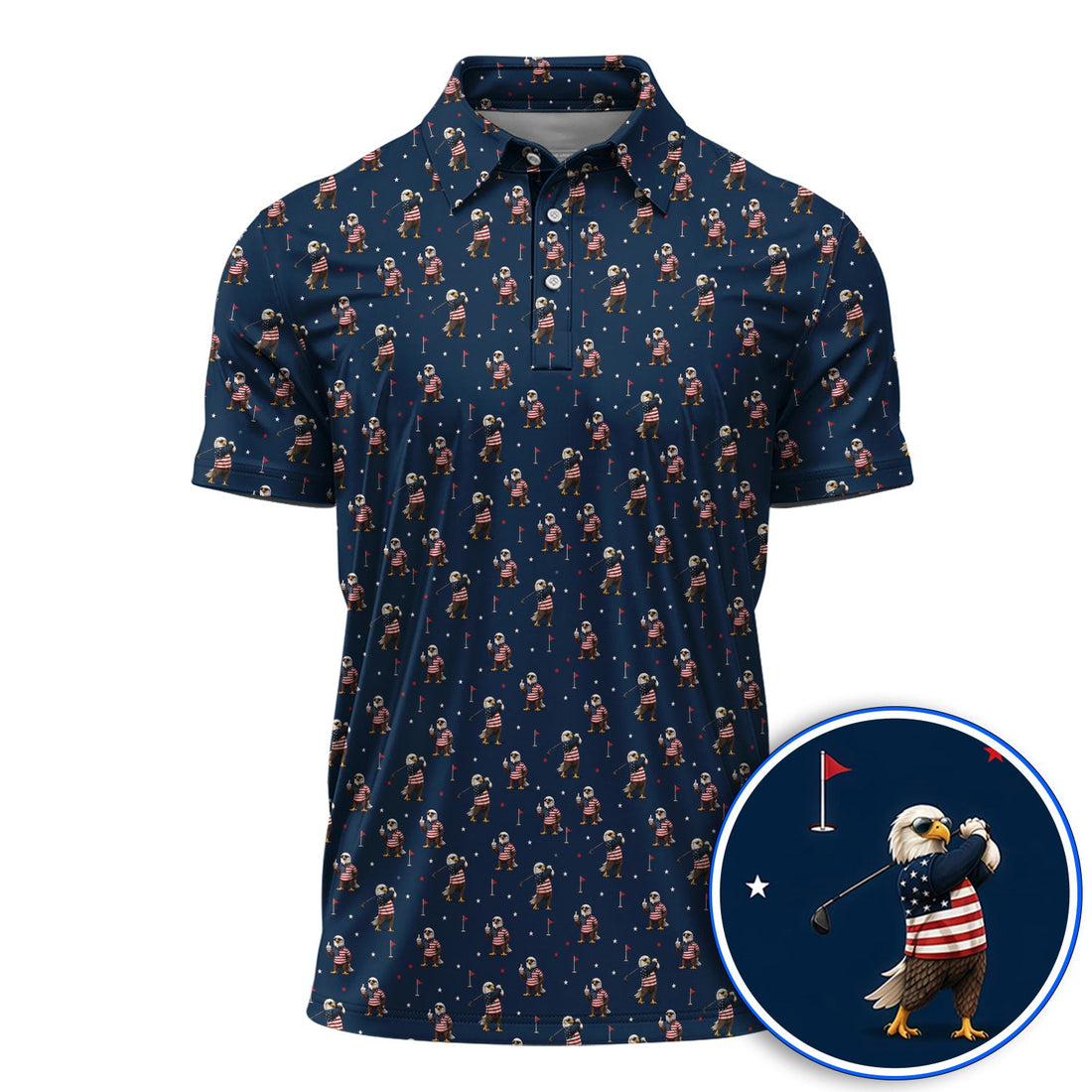 Patriotic Bald Eagle Golf Polos, American Flag Eagle Pattern Golf Shirt, USA Golf Gift For Golfer