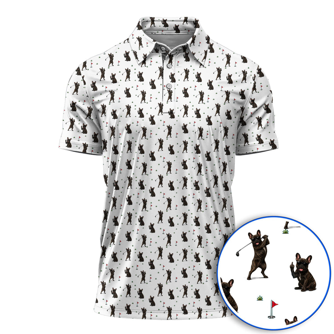 Frenchie Golf Shirt, French Bulldog Pattern Polos, Funny Golf Gift For Golfer
