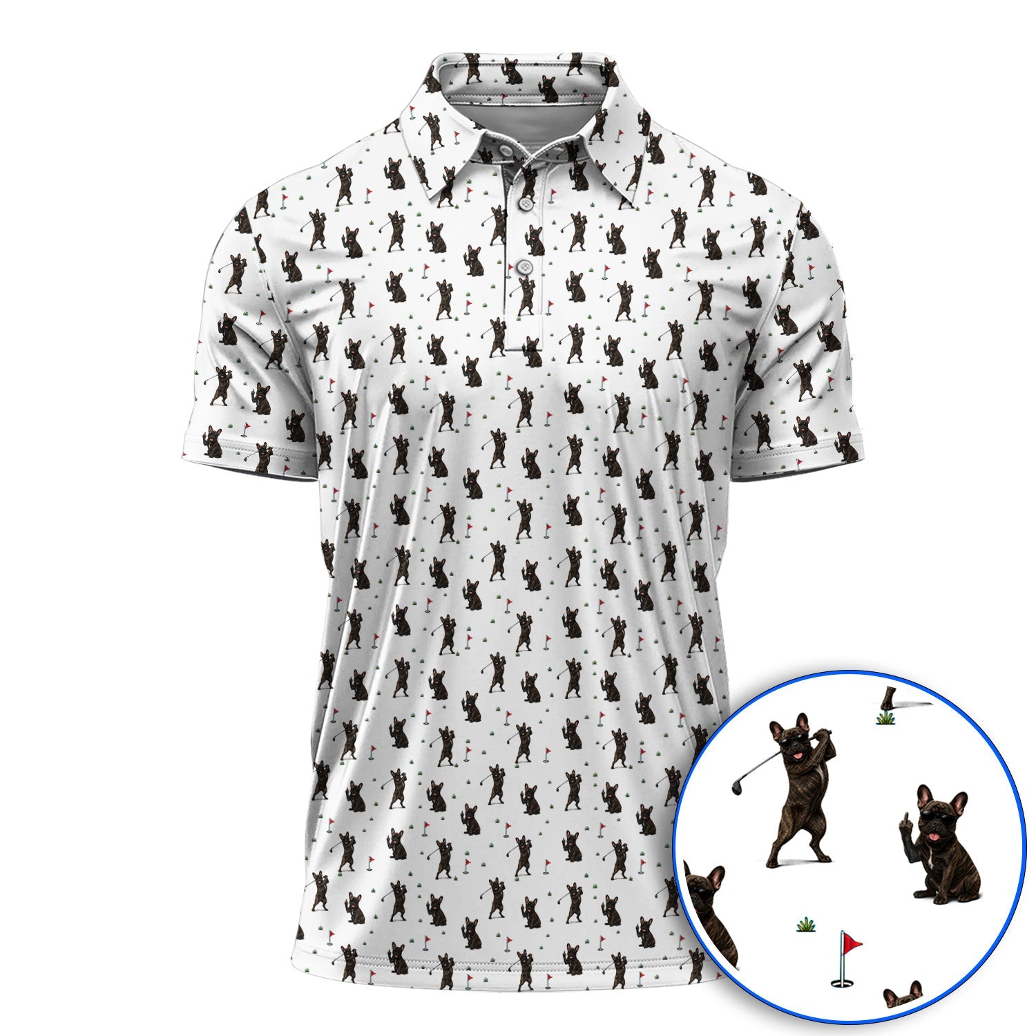 Frenchie Golf Shirt, French Bulldog Pattern Polos, Funny Golf Gift For Golfer